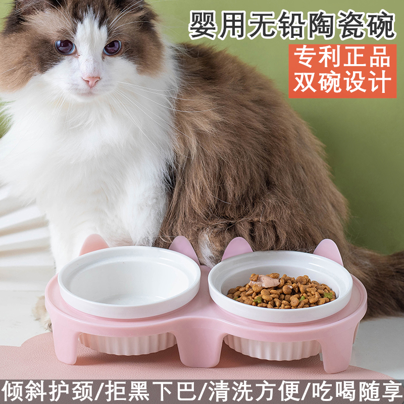 猫碗陶瓷幼猫食盆双碗斜口碗幼犬小猫食碗护颈猫咪碗