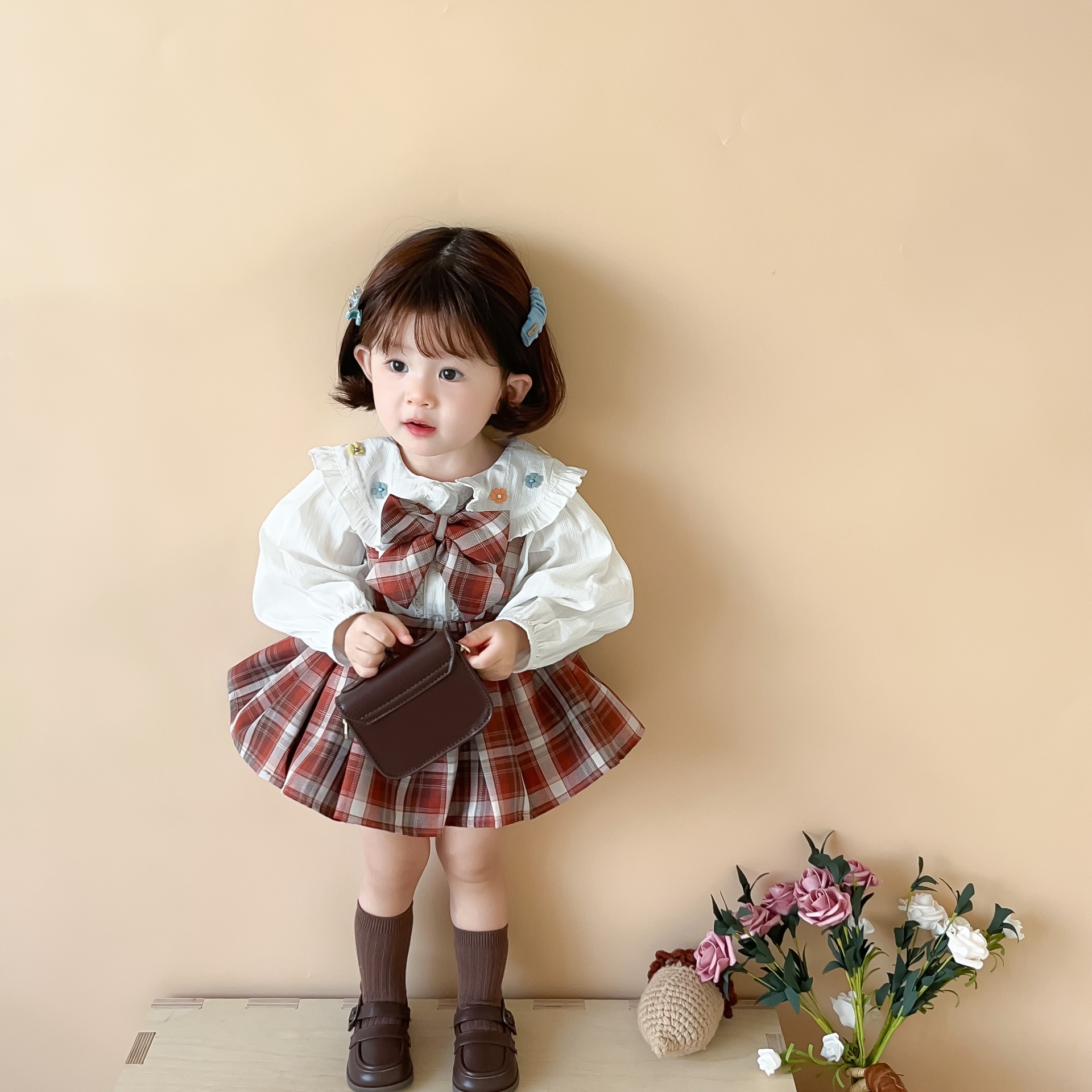 【秋款上新】婴幼童秋款婴童学院风jk制服吊带裙花边衬衣蝴蝶三件套