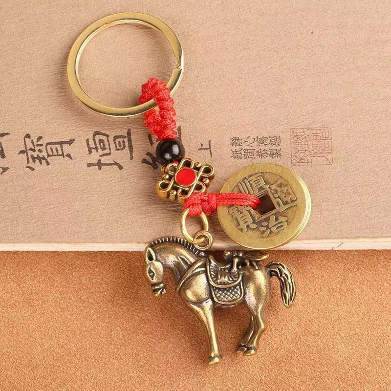 【马上有钱】中国风手工黄铜五帝钱钥匙扣挂件