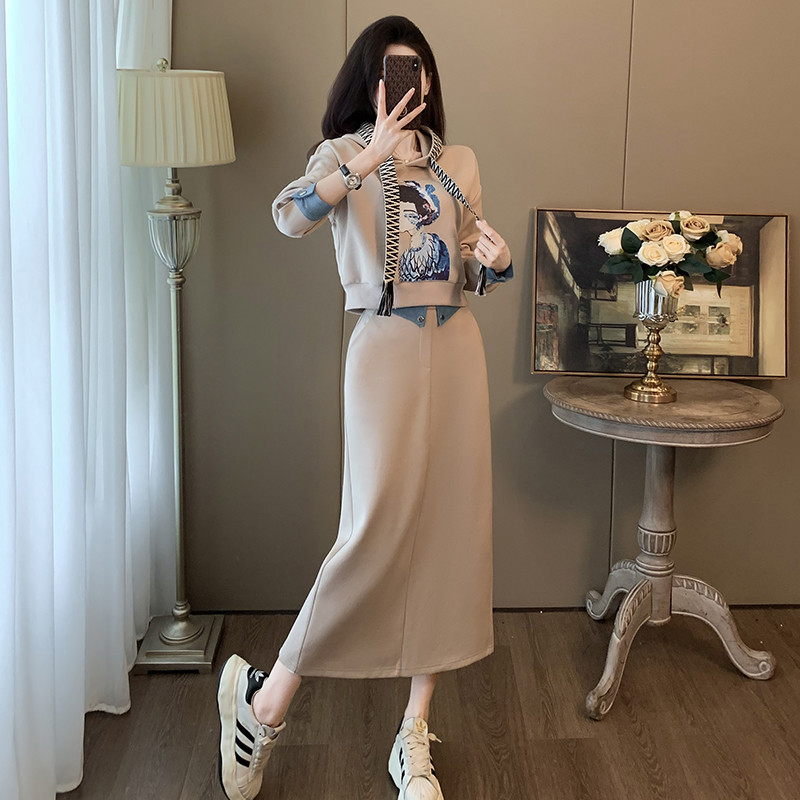 休闲套装女套裙显瘦气质高腰时尚复古包臀轻熟连帽阔腿法式杏色