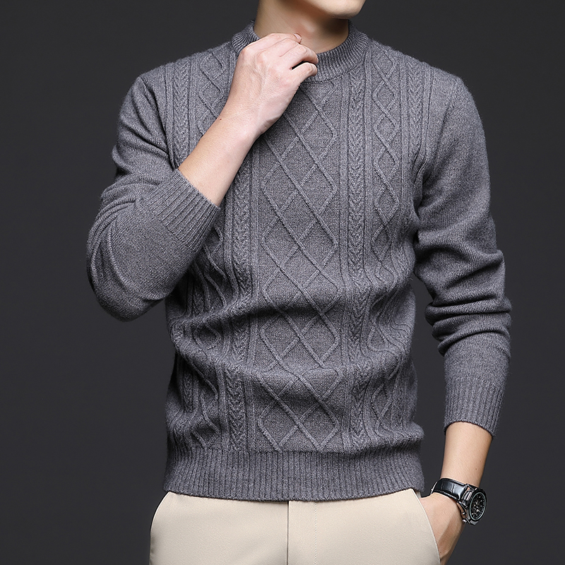 鄂尔多斯产100%纯羊绒衫男士圆领长袖加厚毛衣中年休闲羊绒打底衫