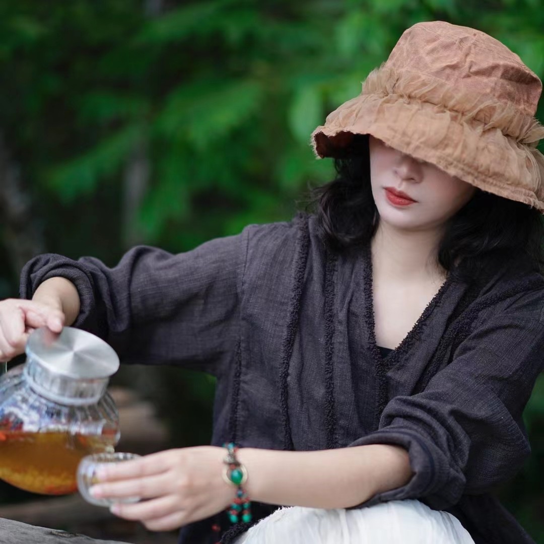 游尘衣物/韵帽子亚麻防晒遮阳百搭苎麻衬衫手工文艺