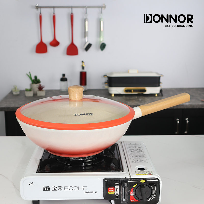 【品牌外贸】DONNOR30cm珐琅爱桃炒锅蜜桃粉全灶具通用国产烹饪