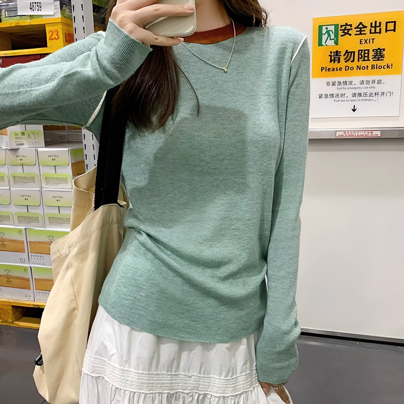 多巴胺秋冬穿搭高级感拼色圆领套头针织衫女内搭修身长袖打底上衣