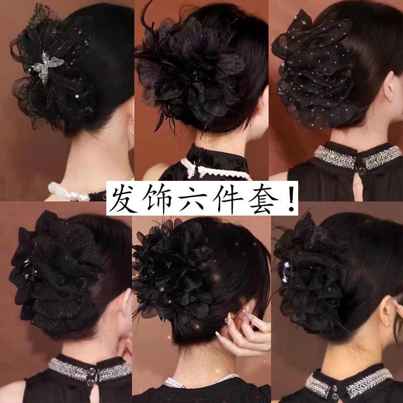 高级黑色羽毛2023花朵新款头花发量后脑勺夹子鲨鱼发饰发夹发卡