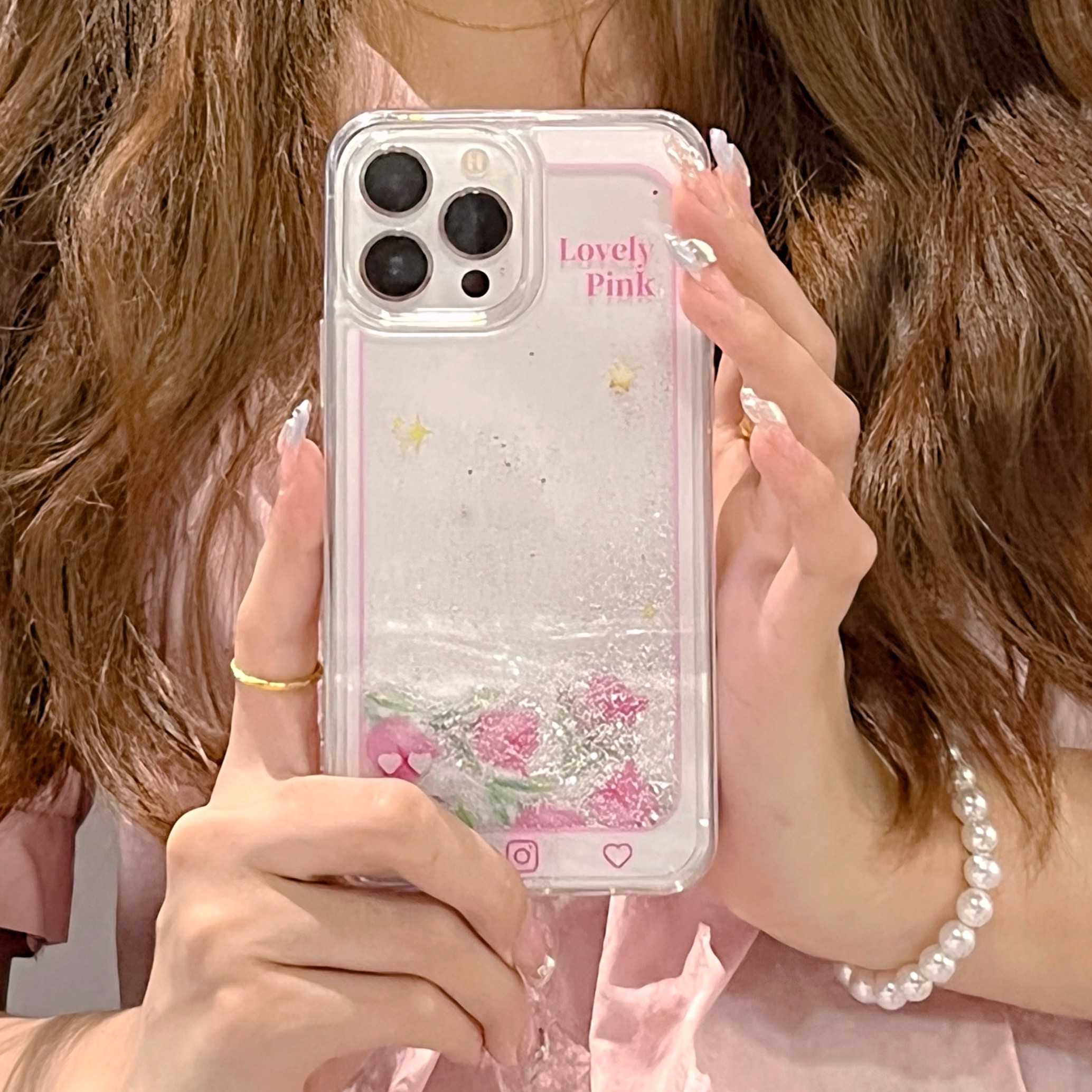 适用苹果系列iPhone14新款手机壳流沙粉色花朵郁金香小众简约ins