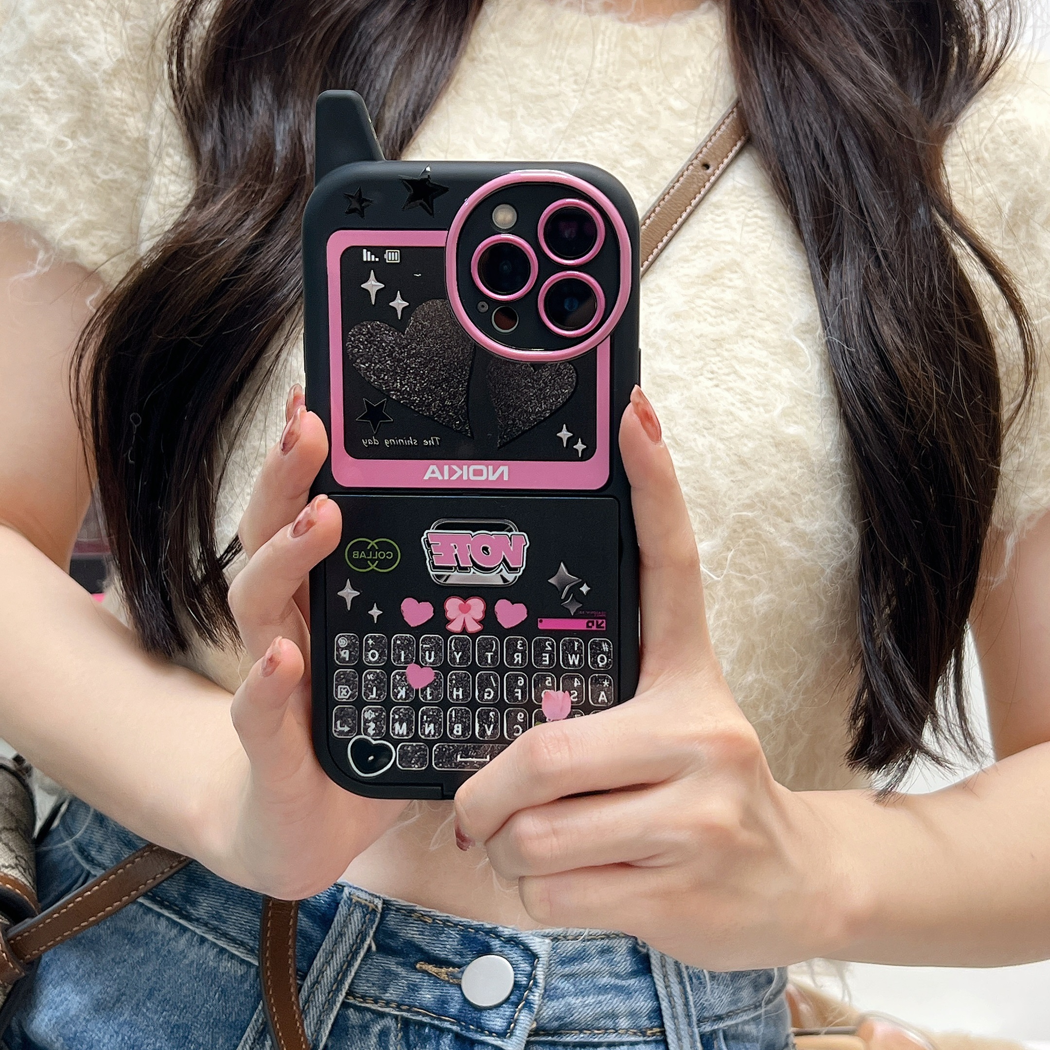 适用苹果系列iPhone14新款手机壳酷辣风黑色爱心按键大哥大潮牌13