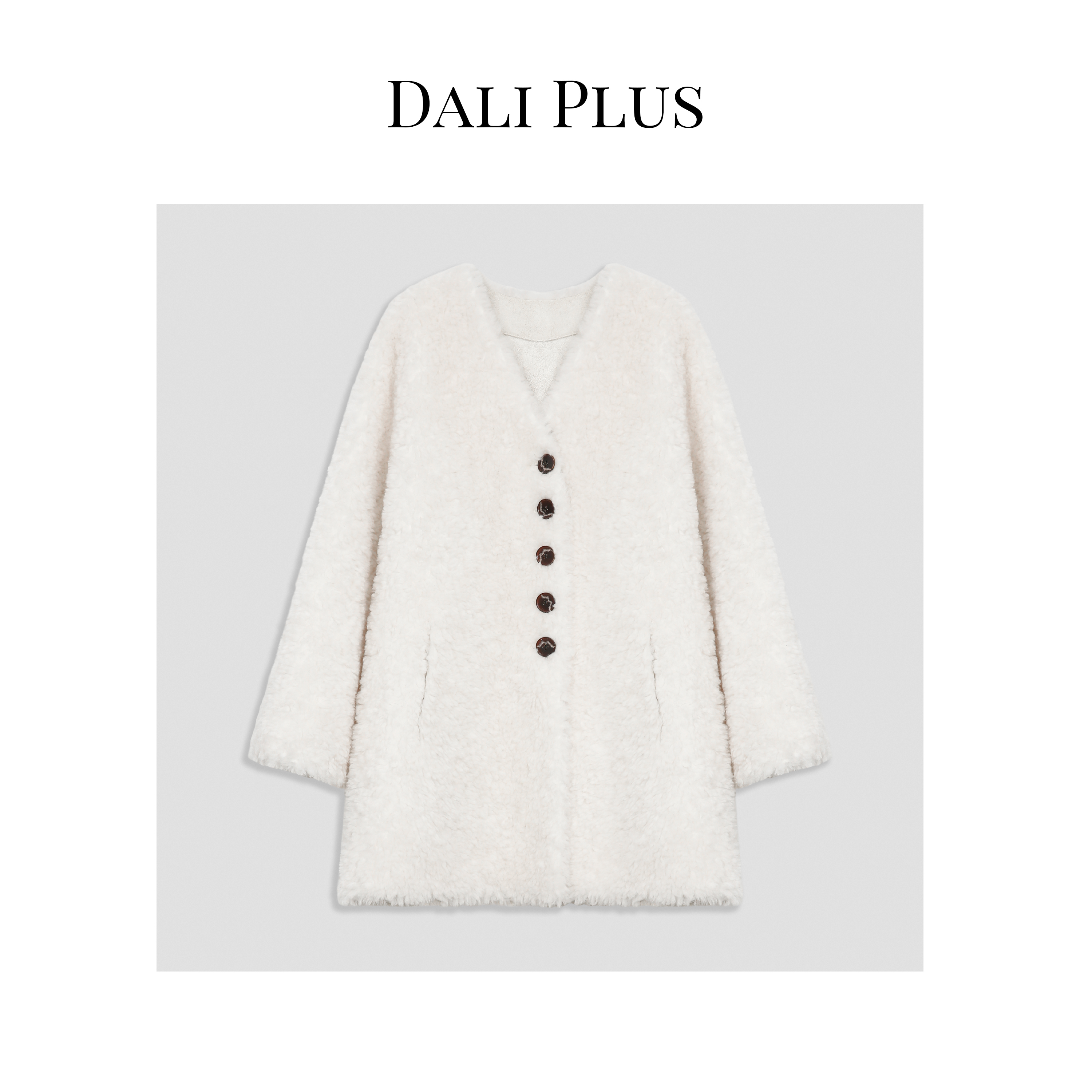 DALI PLUS白色100%绵羊毛V领颗粒毛 皮毛一体高级感外套-232378