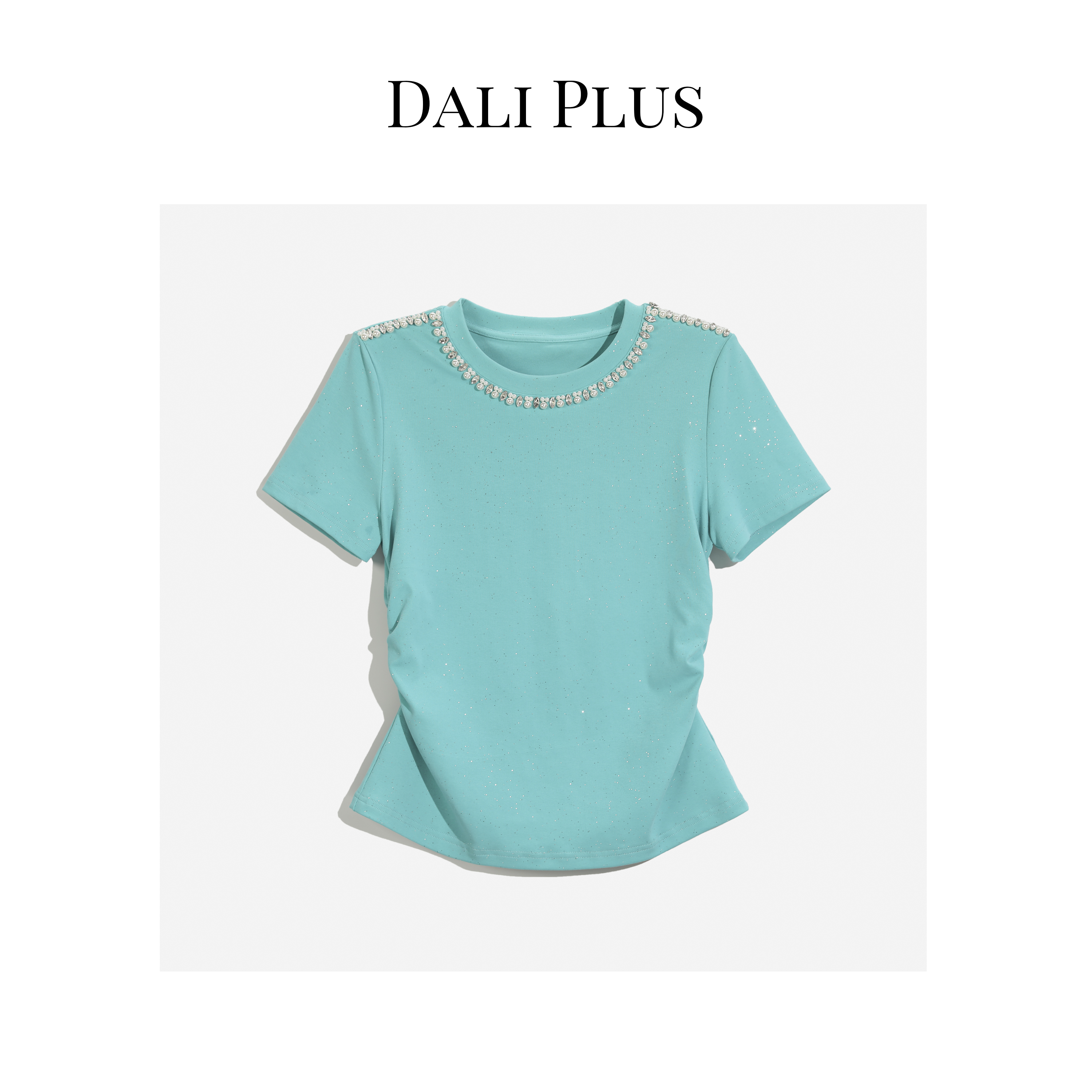 DALI PLUS夏季重工精致撒银百搭显瘦 孔雀绿钉珠圆领T恤-TX315