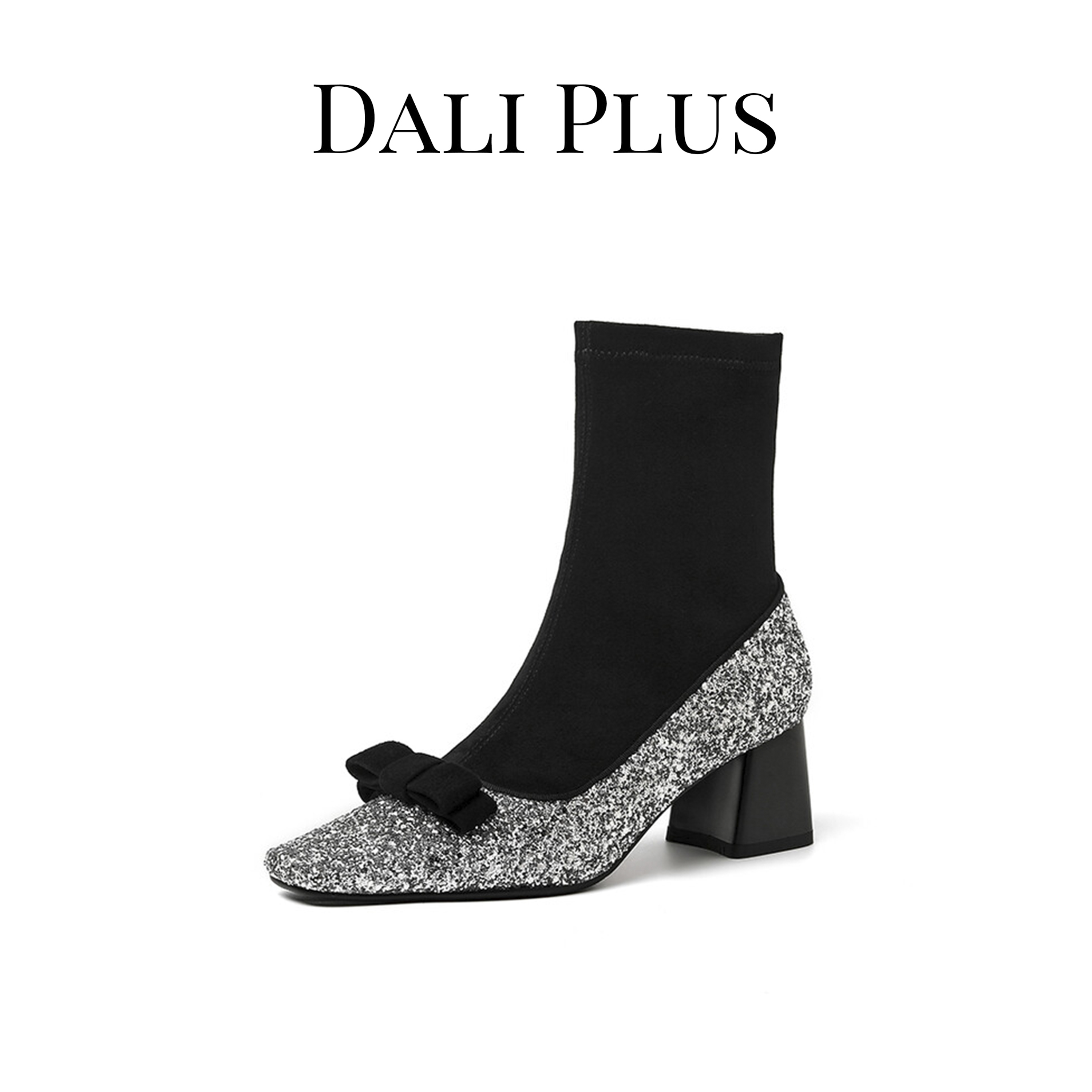DALI PLUS蝴蝶结亮片弹力靴女短靴秋冬拼色粗中跟短筒靴LL6828