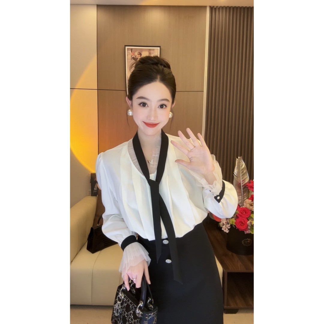 【大李自制】精致时髦精撞色设计感飘带显瘦百搭衬衫-23110409
