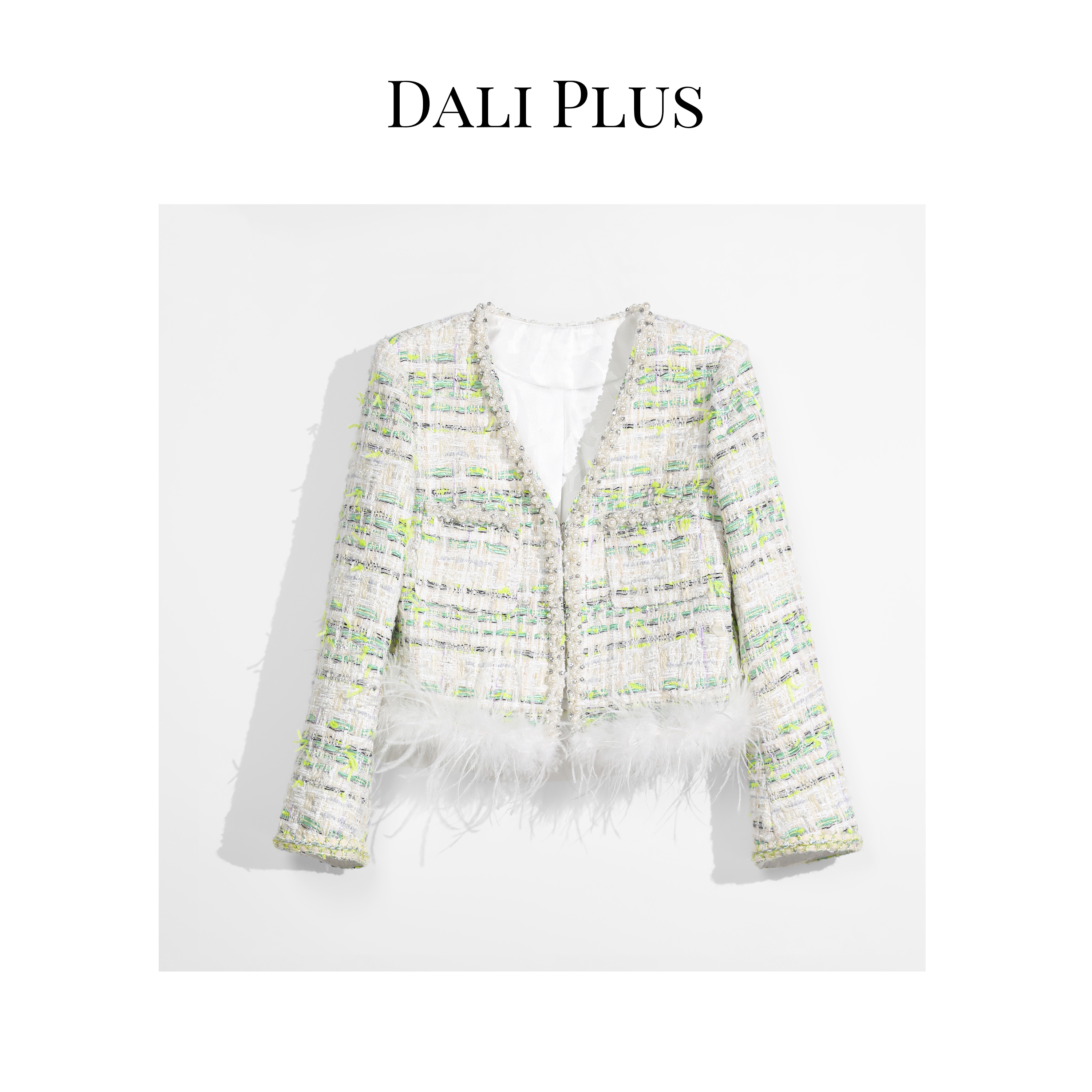 DALI PLUS高级定制精美珠带 真毛拼接 绿色系臻藏小香外套-G6399