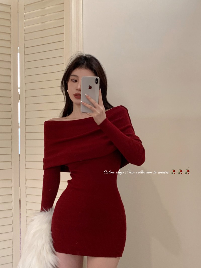 圣诞新年战裙一字肩针织连衣裙子女秋冬打底内搭红色修身包臀短裙