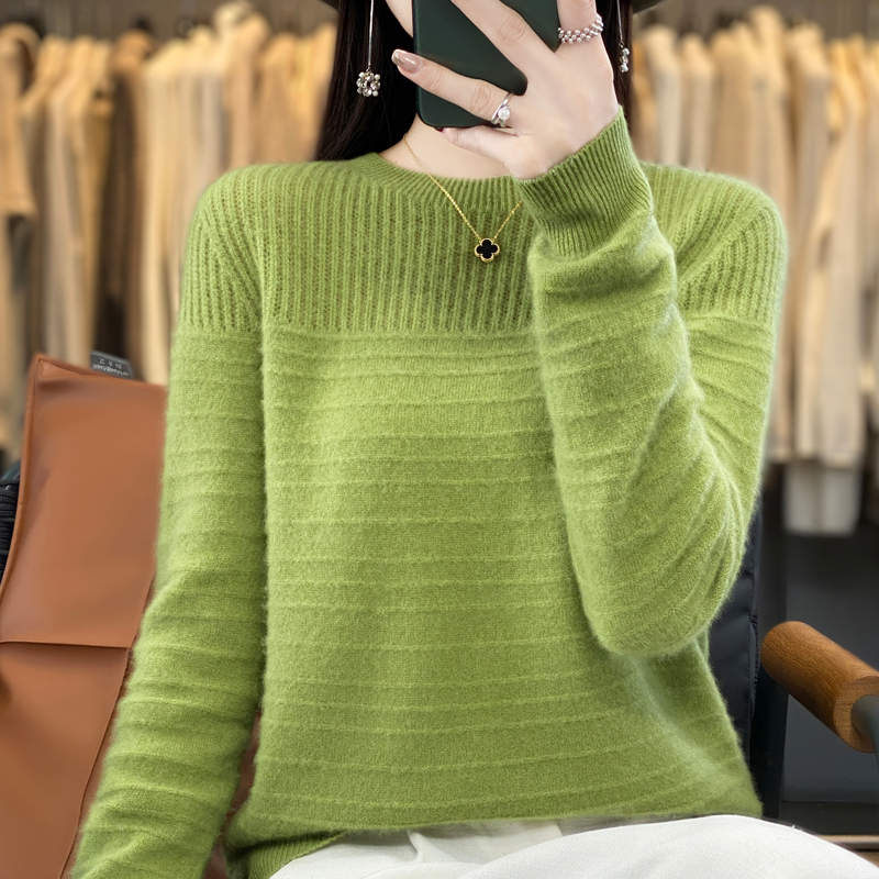 高段位气质！秋冬新款一线成衣山羊绒横竖纹羊绒衫女