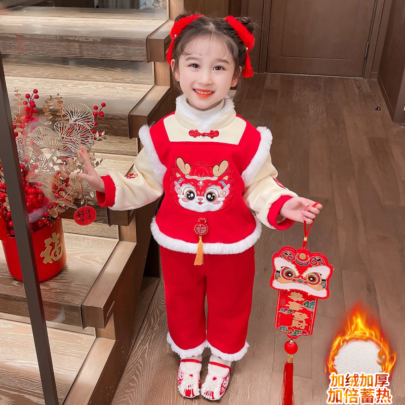 女童唐装拜年服套装冬季宝宝中国风汉服儿童加绒红色新年衣服保暖