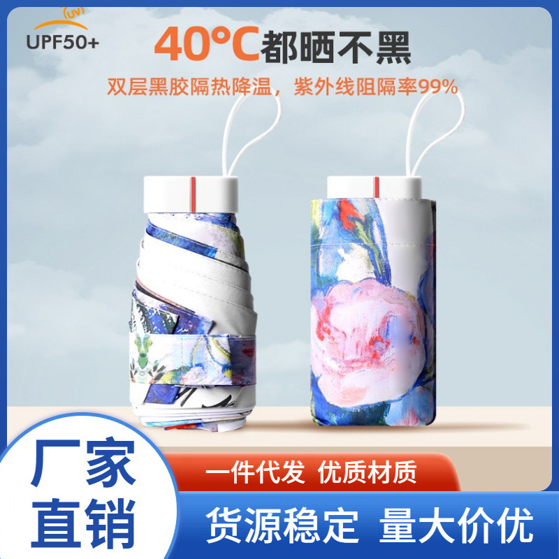 【辉哥精选】6骨花朵黑胶防晒伞太阳伞防紫外线便携小巧扁六折卡片