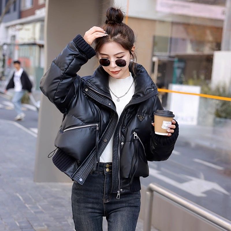 轻奢高档拼皮面棉服外套女2023新款冬季百搭洋气小个子短款棉衣潮