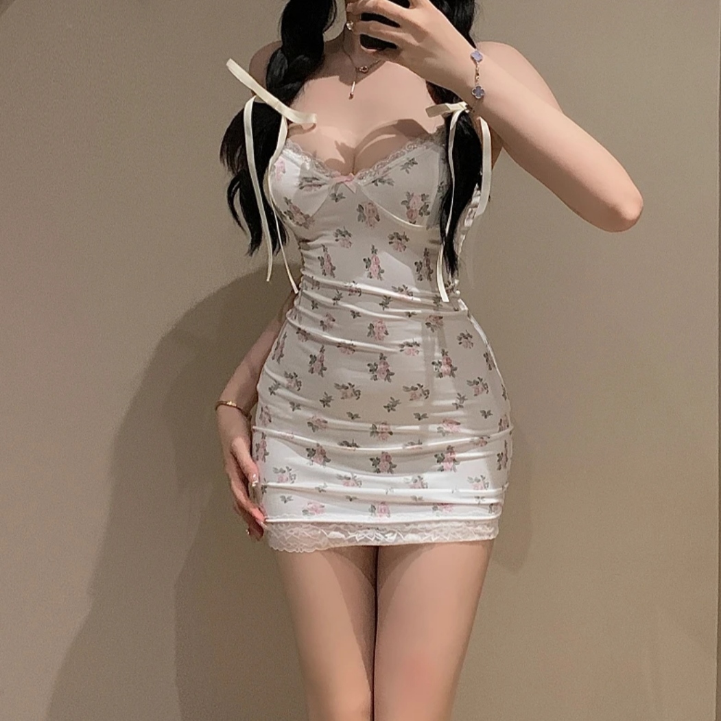 【夜喵舍】网红可爱蕾丝边碎花性感睡衣甜美少女纯欲吊带睡裙夏季