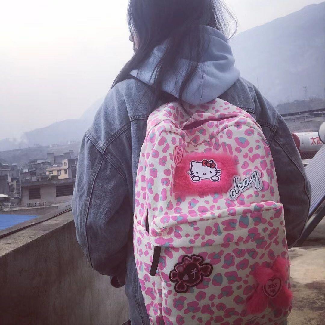 原创Y2K千禧可爱KTM双肩包粉色豹纹书包小众卡通拉链休闲背包ins