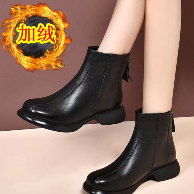 断码意尓康真皮平底短靴女2023秋冬新款英伦风马丁靴软底加绒女鞋