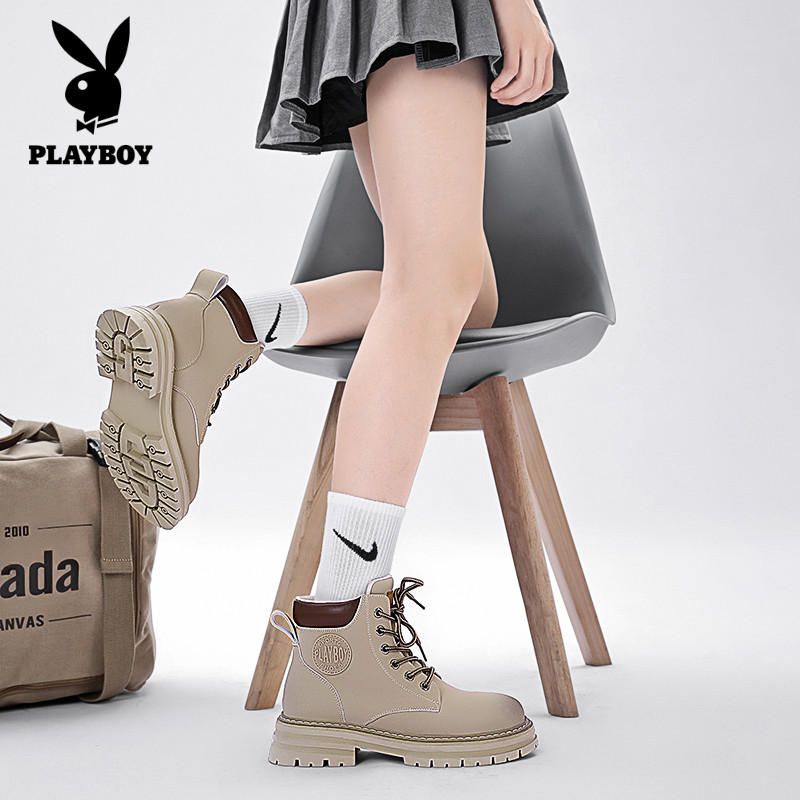 PLAYBOY厚底牛皮革马丁靴女款2023冬季百搭真皮防水耐磨大黄靴女