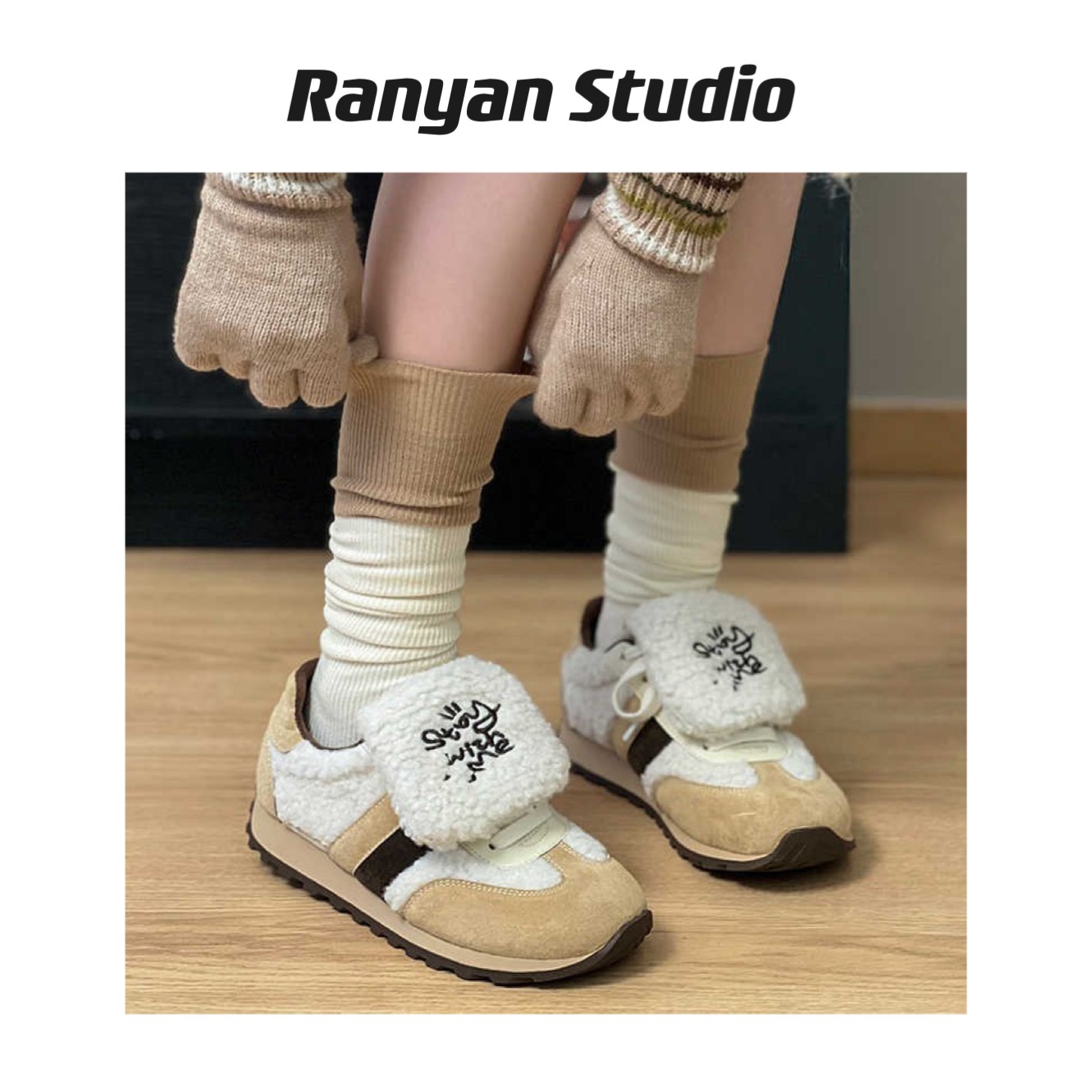 【奶盖】2023新品休闲软底舒适毛绒加厚德训鞋女小众百搭加绒雪地鞋