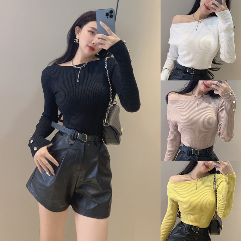 泽娅设计【女团时刻】长袖针织衫秋冬内搭打底衫辣妹上衣一字肩毛衣