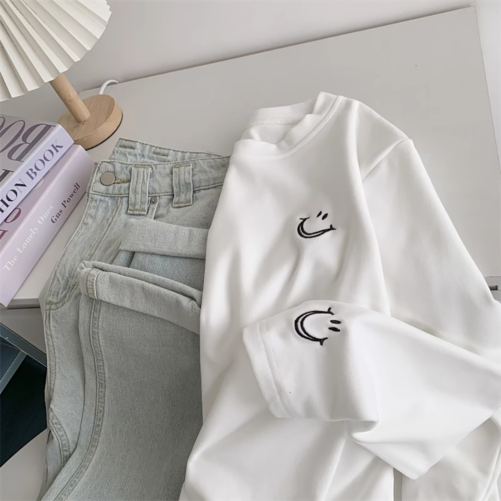 48h飞【双倍快乐~】纯棉长袖t恤女宽松刺绣笑脸叠穿显瘦打底衫上衣