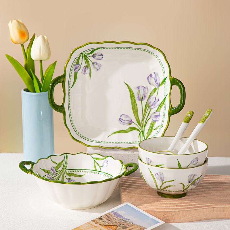郁金香陶瓷碗盘6件套创意家用米饭碗方盘汤碗餐具组合套装