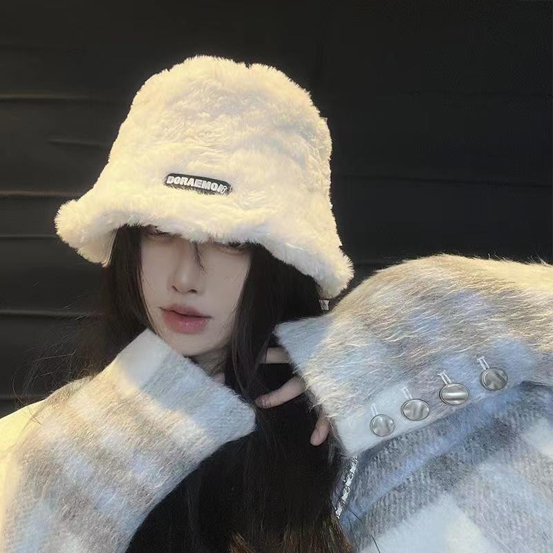 渔夫帽子女冬季2023新款加绒保暖白色毛毛韩版百搭素颜水桶盆帽潮
