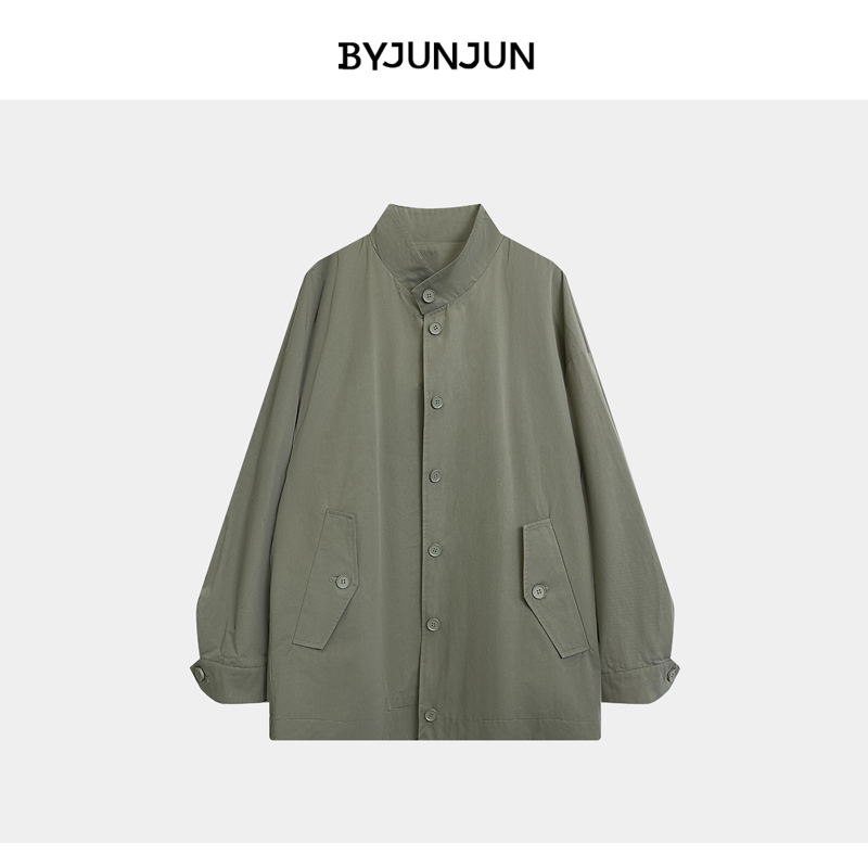 ByJunjun小众设计师 2023秋季新款美式极简休闲风豆绿立领风衣