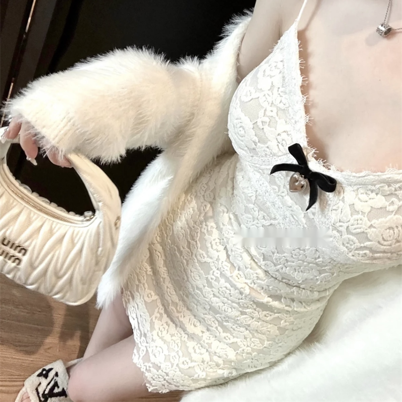 纯欲风V领蕾丝吊带连衣裙女秋季蝴蝶结紧身无袖短裙收腰包臀裙子