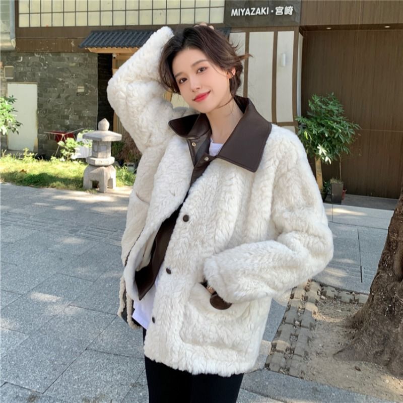 翻领长袖毛茸茸外套女2023秋冬季宽松百搭休闲加厚皮衣女上衣女装