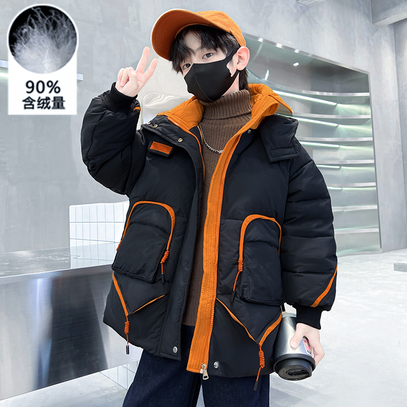 男童羽绒服中长款2023冬装新款中大童男孩保暖加厚外套冬季撞色潮