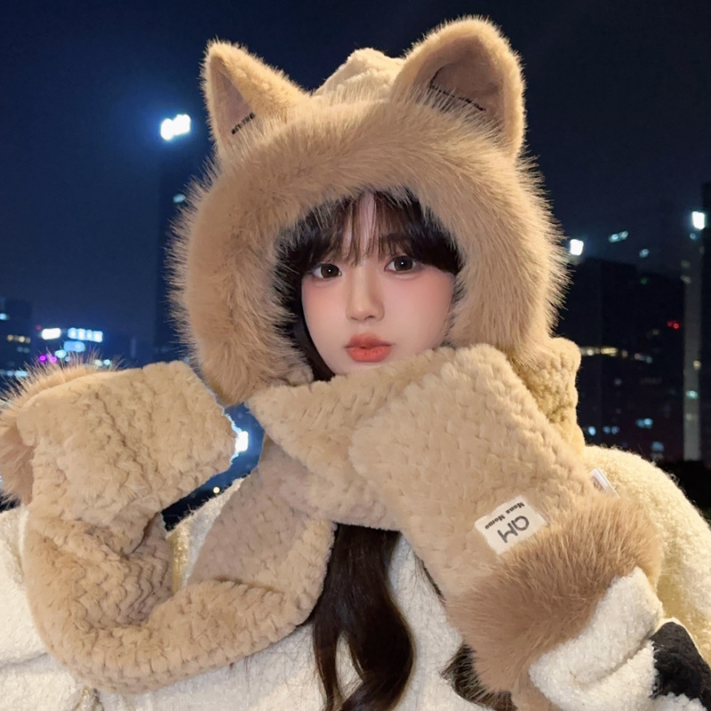 可爱猫咪耳朵毛绒护耳帽女冬天保暖帽子围巾一体两件套骑车雷锋帽