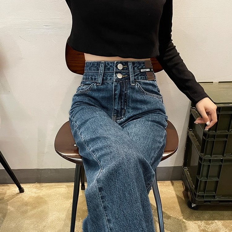 水泥灰直筒牛仔裤女爆款2023秋冬新款高腰宽松显瘦窄版阔腿裤子女