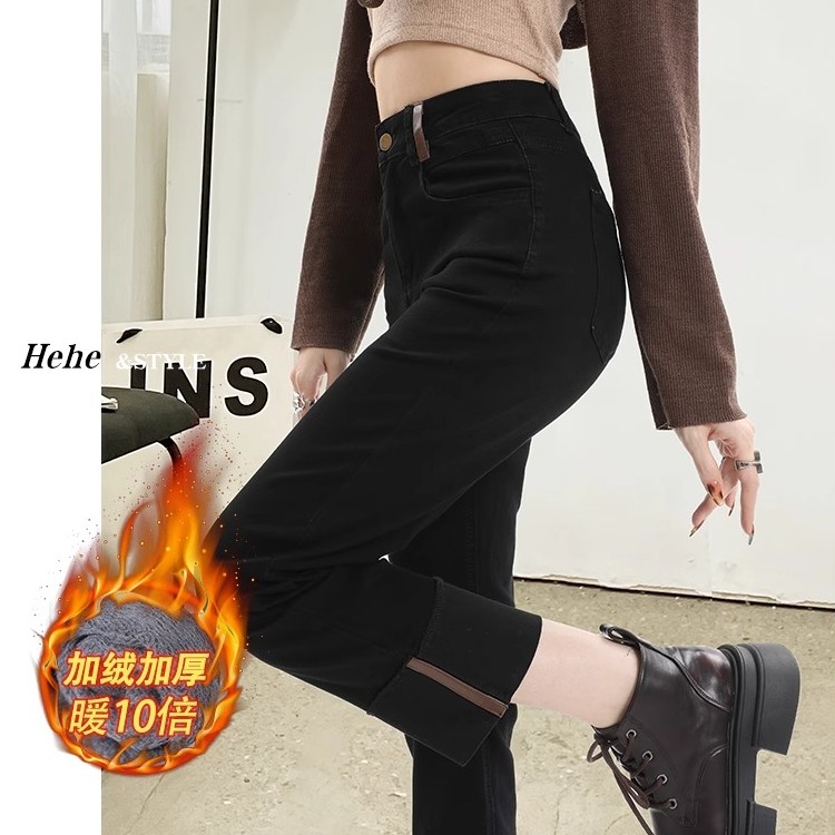加绒黑色直筒牛仔裤女2023年秋冬新款法棍小个子高腰直筒烟管裤子