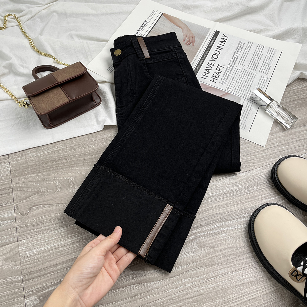 2023冬季新款黑色烟管裤女高腰弹力紧身小个子加绒加厚直筒九分裤