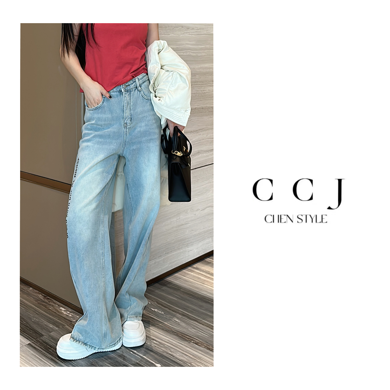 楚楚君~【痞帅牛仔】K32610加绒加厚设计款字母直筒牛仔裤