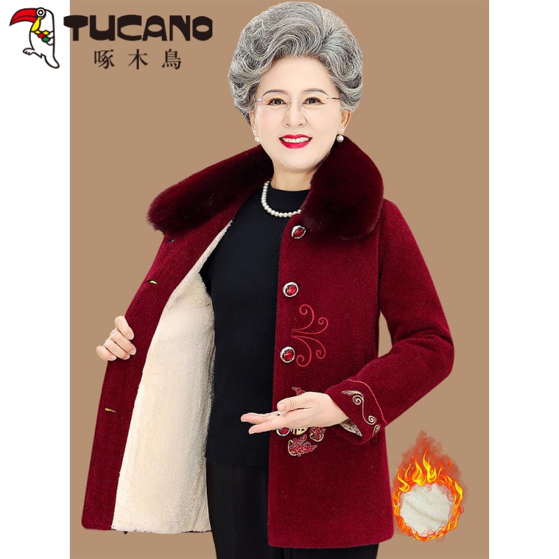 啄木鳥中老年人女秋冬毛呢外套奶奶装加厚水仿绍绒大衣妈妈绣花呢