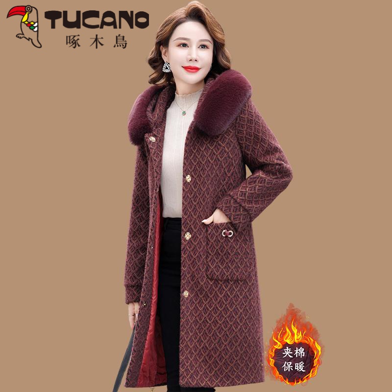 啄木鳥2023新款妈妈装水仿绍绒大衣洋气大码中老年女秋冬装毛呢外
