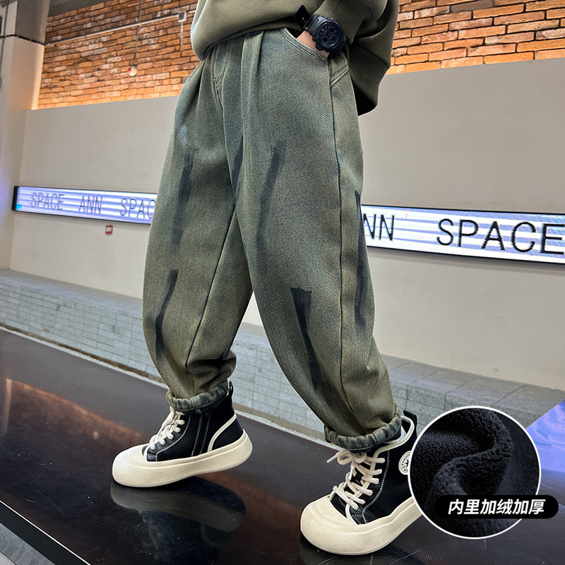 男童牛仔裤冬装2023新款儿童秋冬加绒加厚一体绒冬季宽松男孩裤子