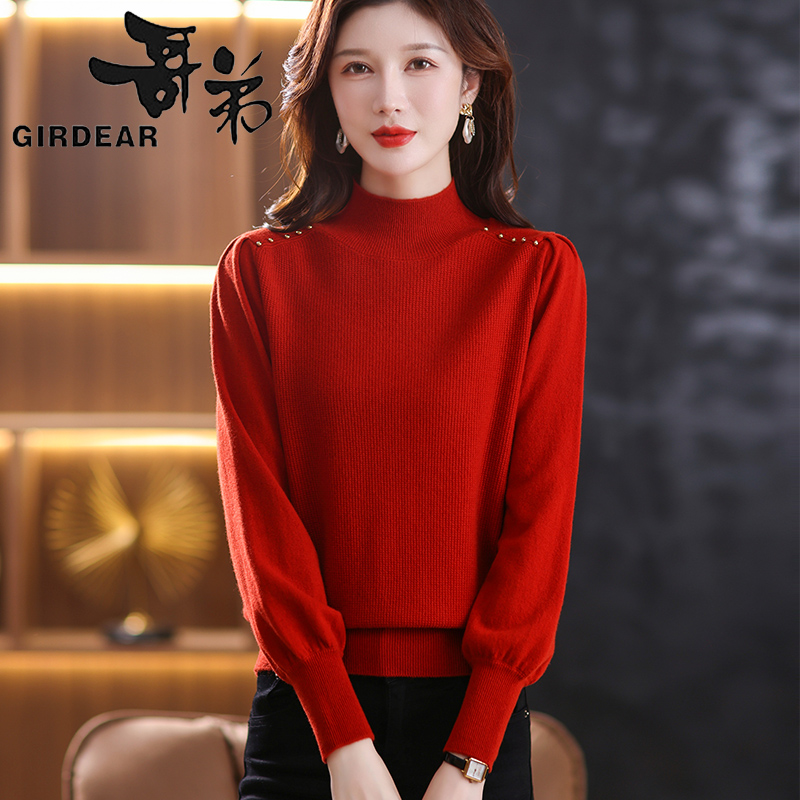 哥弟中年100%纯羊毛打底衫时尚喜庆本命年红色毛衣针织内搭女秋冬