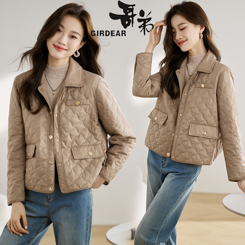 哥弟菱格轻薄棉服女短款小香风外套薄款秋冬单排扣长袖翻领上衣女