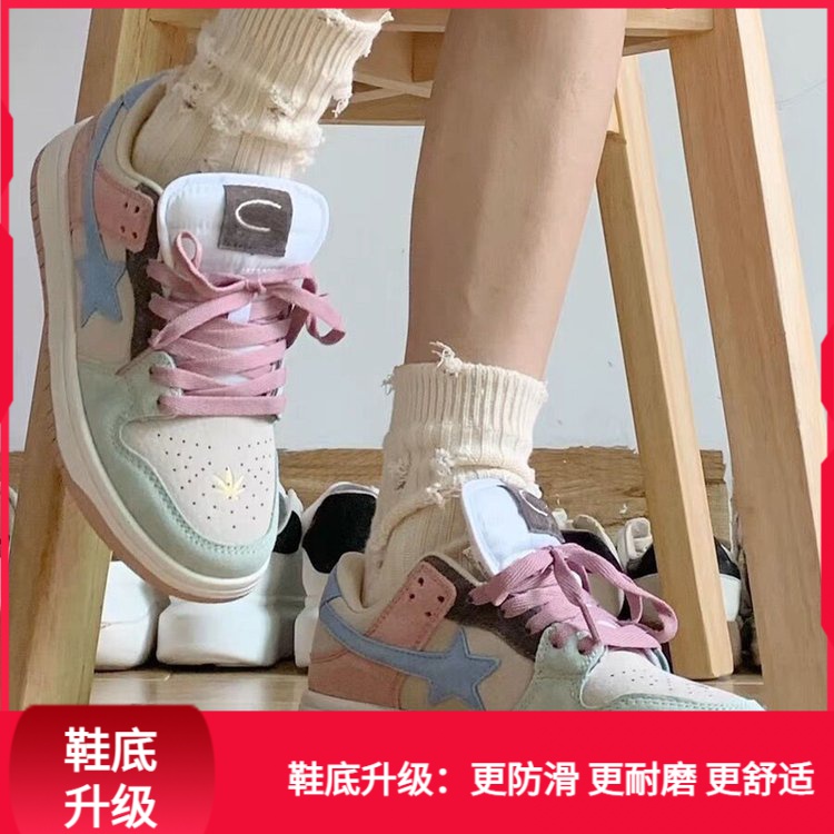 回力潮品冬季2023新款拼色女鞋板鞋学生鞋小白鞋低帮圆头糸带厚底