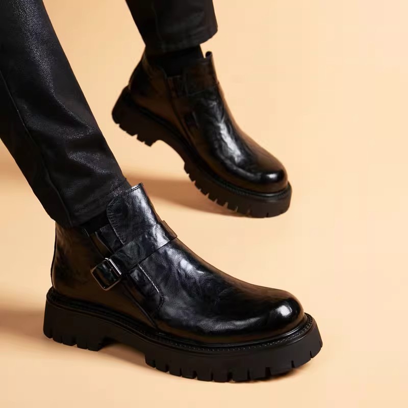 男鞋2024年秋季百搭商务正装厚底皮鞋休闲搭扣内增高百搭高帮潮鞋