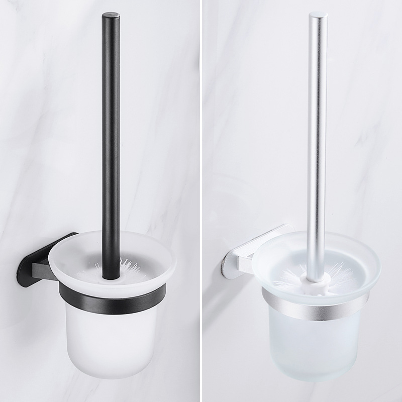 免打孔马桶刷架壁挂浴室挂墙黑色太空铝玻璃杯厕所洁厕套装卫生间