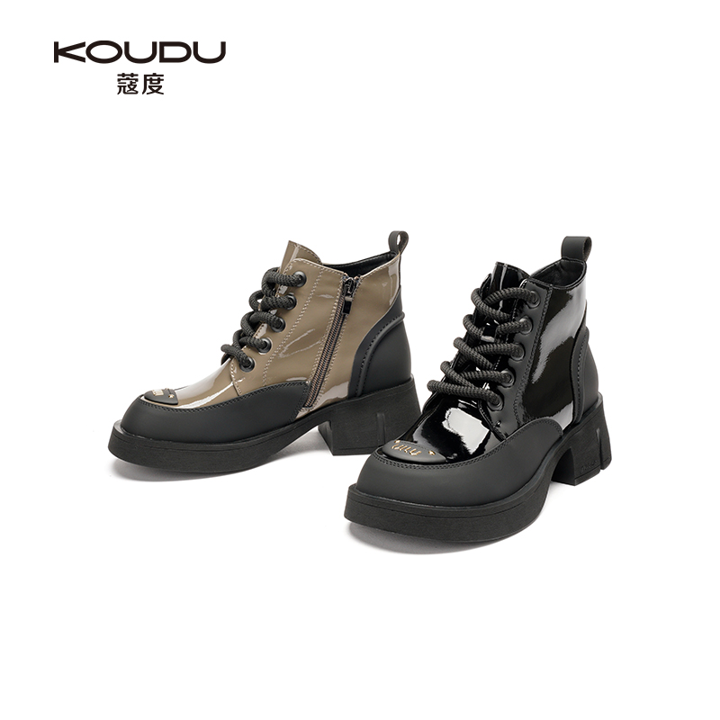 KOUDU/蔻度秋冬时尚百搭马丁靴加绒短靴圆头系带英伦风靴子女2594
