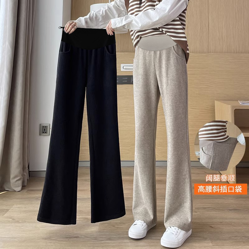 孕妇裤秋冬时尚潮妈宽松加绒微喇叭裤阔腿裤雪尼尔休闲直筒裤长裤