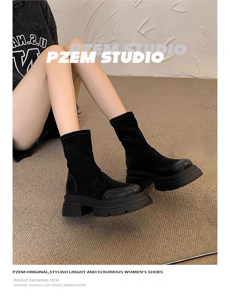 【GG金】厚底短靴女2023新款秋冬小个子高跟弹力瘦瘦靴绒面显瘦高